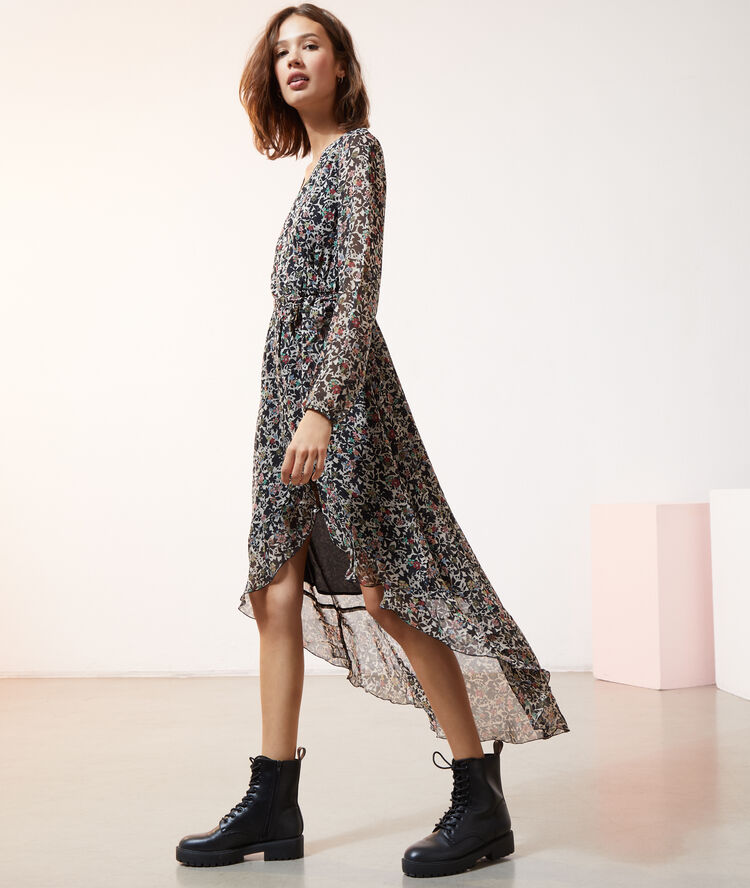 Robe longue imprimé fleuri noir.