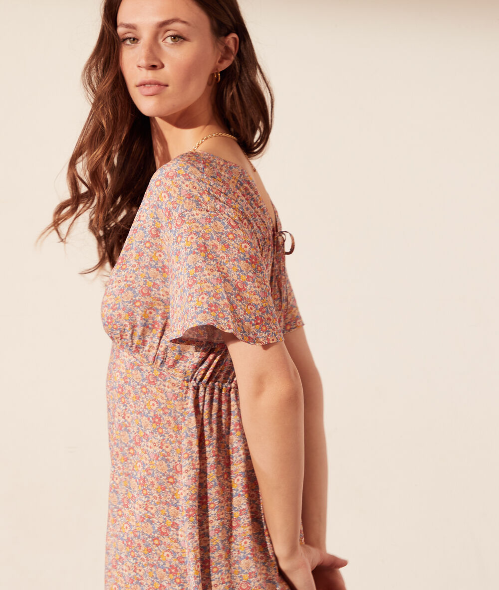 Robe dos ouvert made with liberty fabric corail.