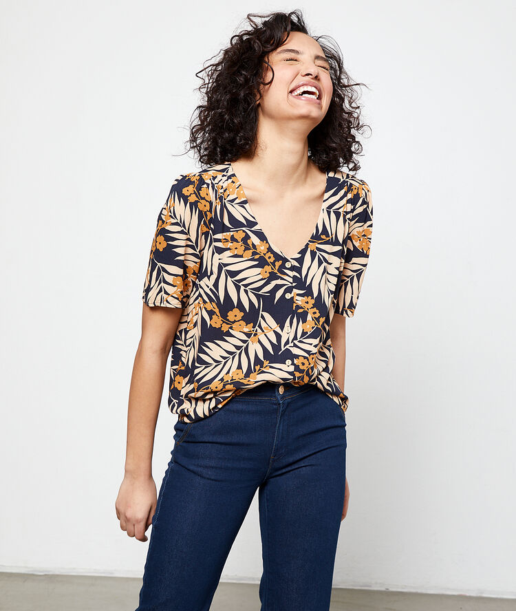 Blouse imprimé feuillage marine.