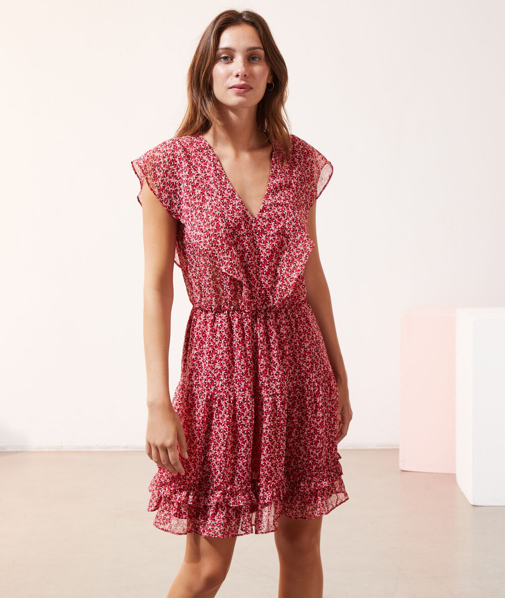 Robe imprimé fleuri à volants framboise.