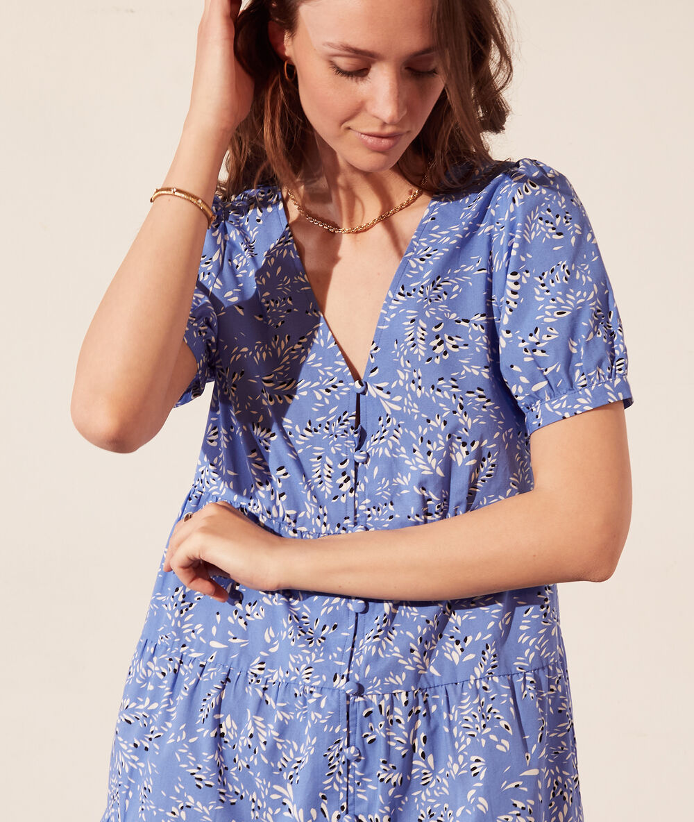 Robe chemise évasée imprimé fleuri ciel.