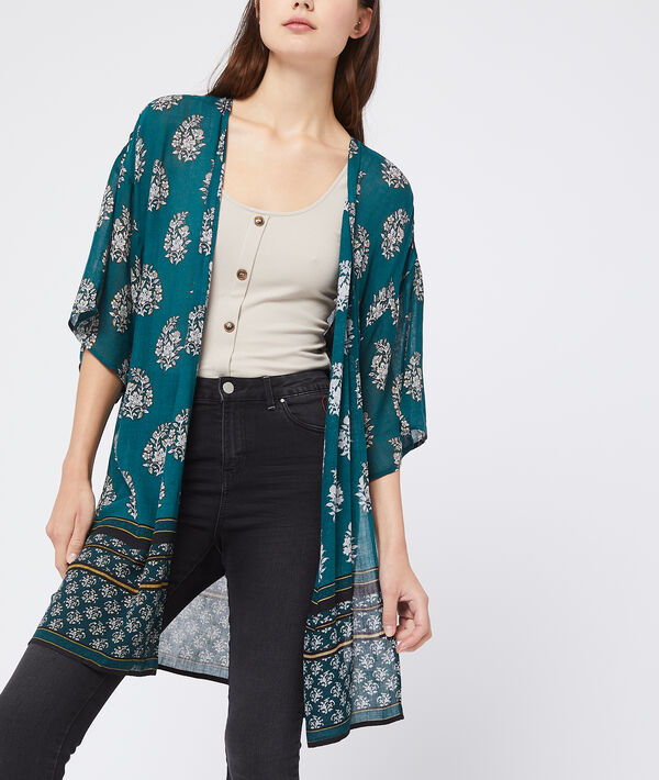 Kimono à motifs fleuris kaki clair.