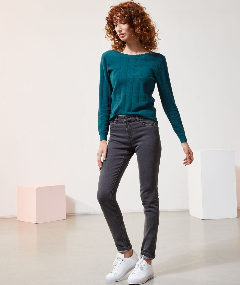 Pull dos décolleté vert paon.