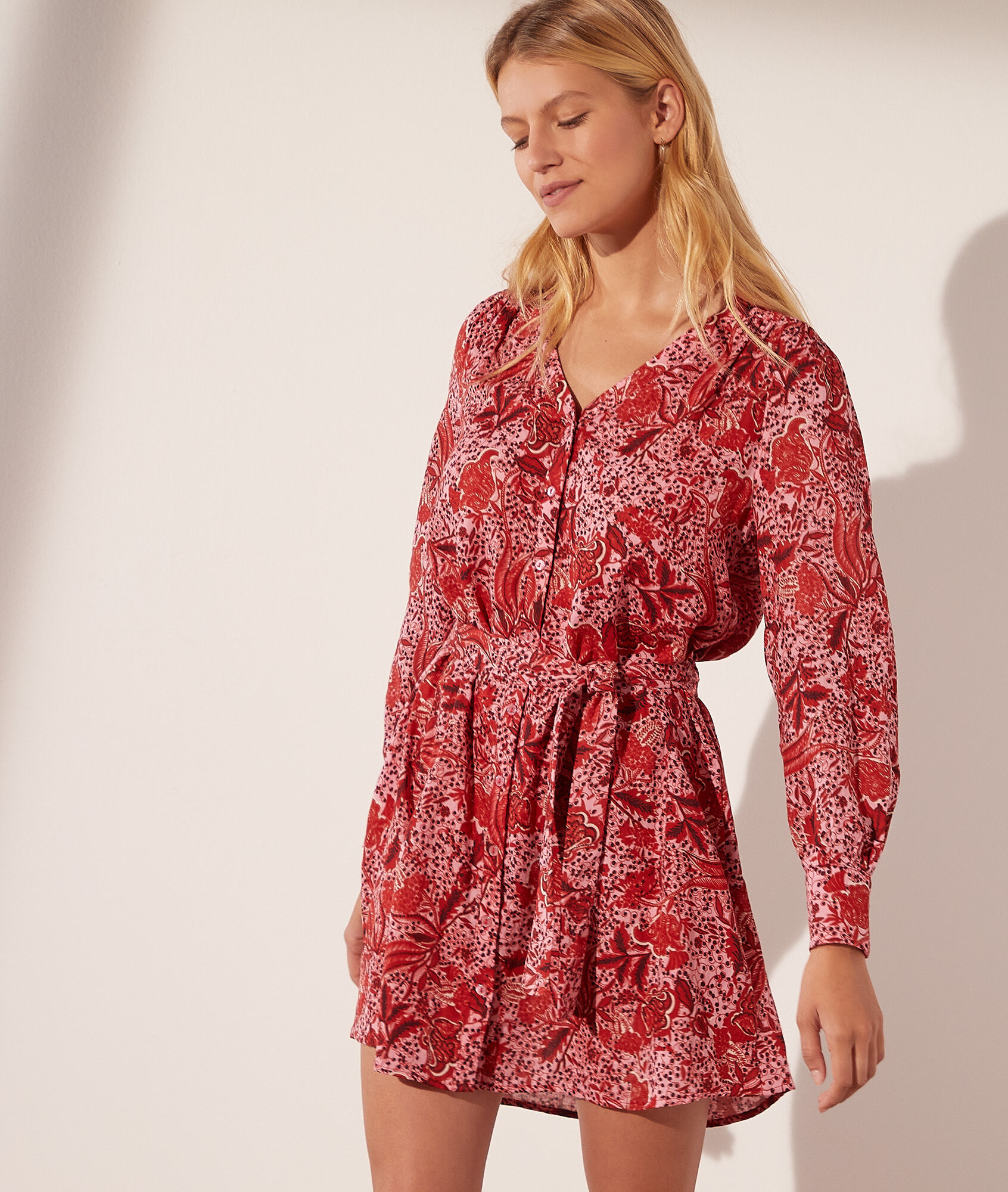 Robe courte imprimé fleuri avec ceinture - Jayana - S - Bordeaux - Femme - Etam