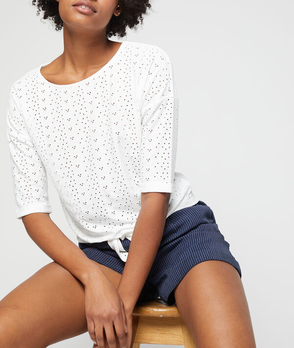 T-shirt noué en dentelle guipure blanc.