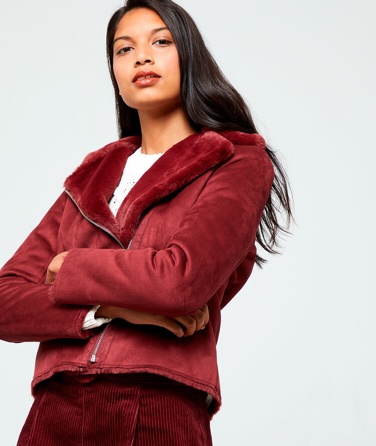 Blouson biker fourré bordeaux.