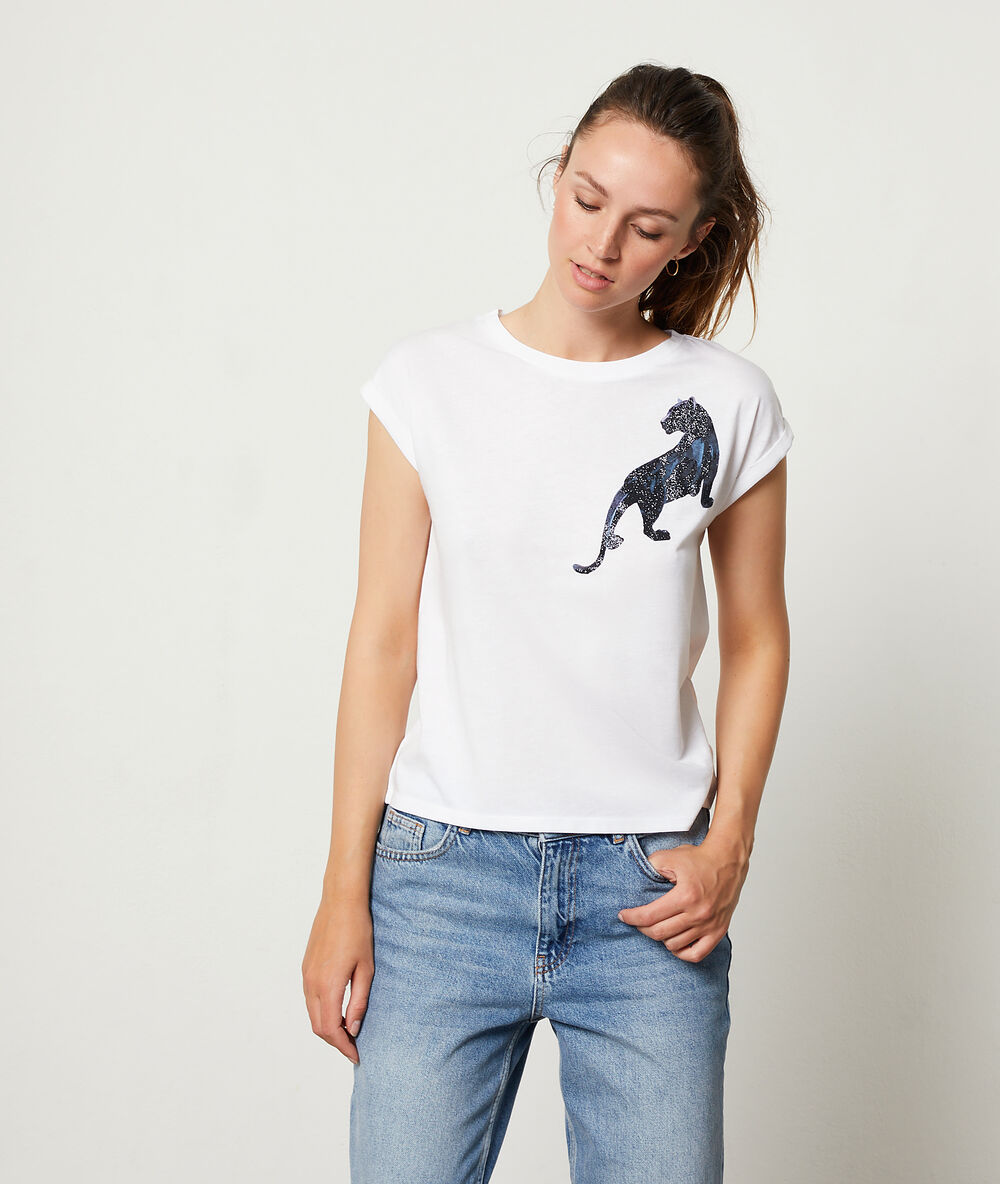 T-shirt sérigraphie panthère blanc.