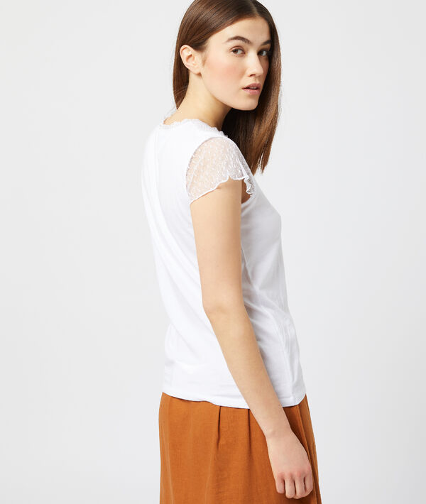 Top décolleté à dentelle guipure blanc.