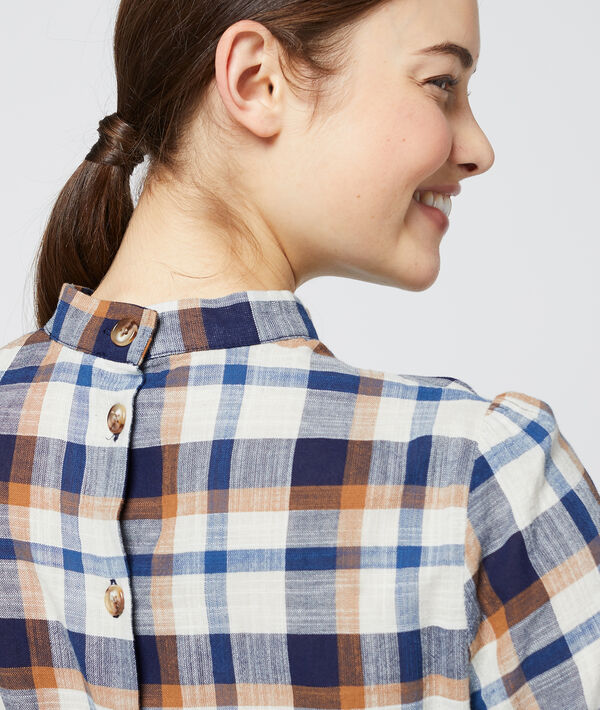 Blouse col noué à carreaux 100% coton marine.