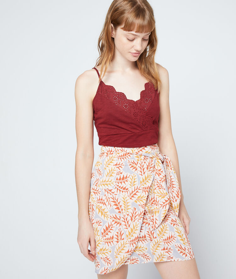 Top décolleté cache-cœur en coton grenat.