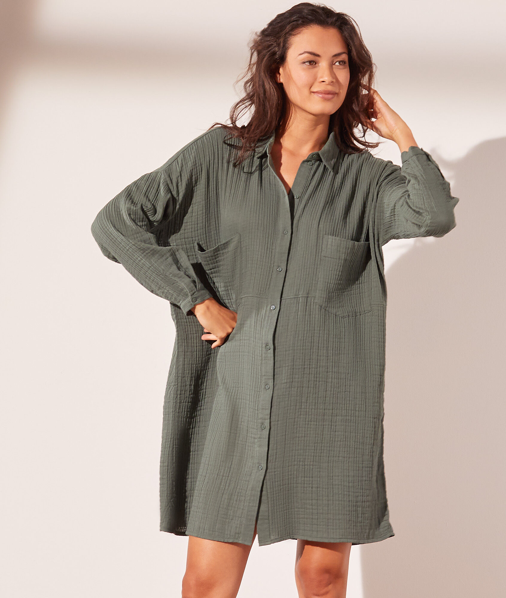 Robe chemise en gaze de coton - Martine - M - Vert - Femme - Etam