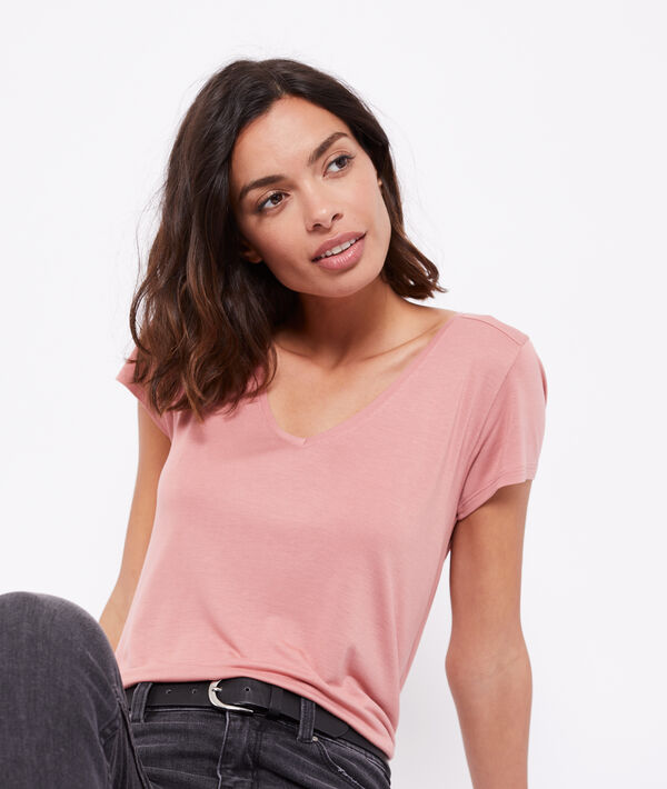 T-shirt col v bois de rose.