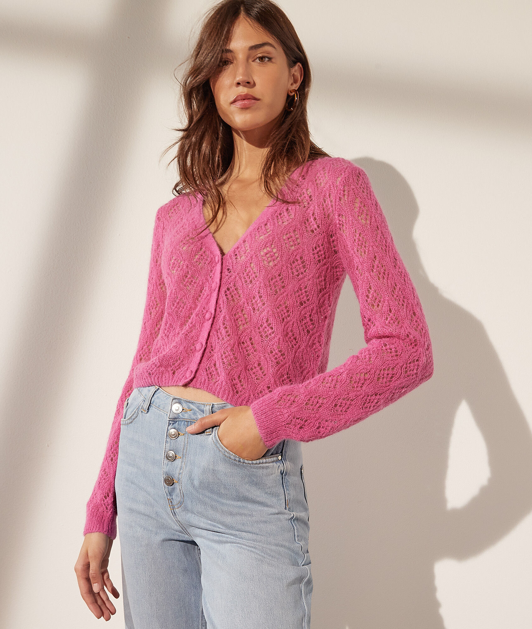 Gilet en maille ajourée - Marnie - XS - Rose - Femme - Etam