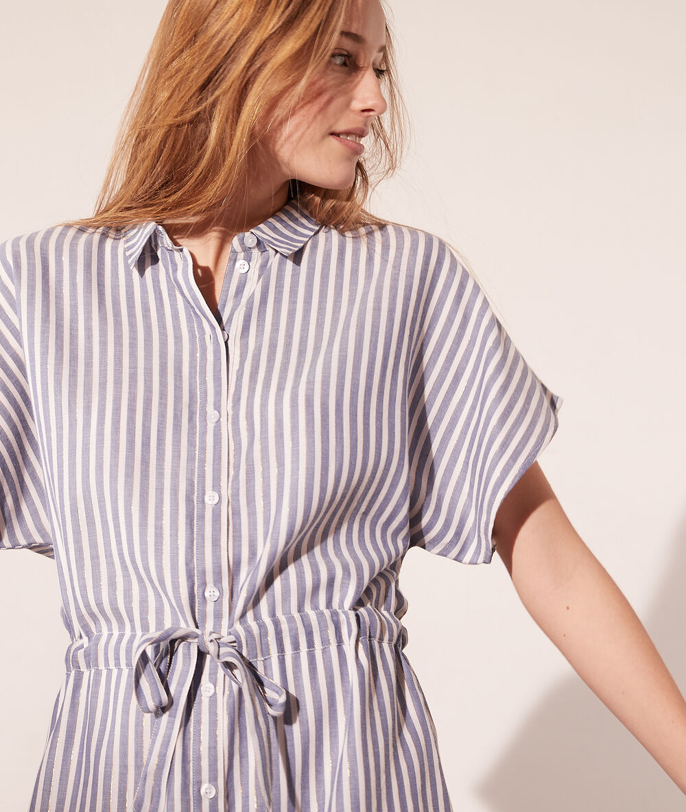 Robe chemise rayée à nouer ciel.