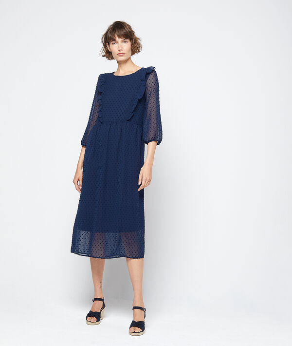 Robe longue en plumetis bleu d'encre.