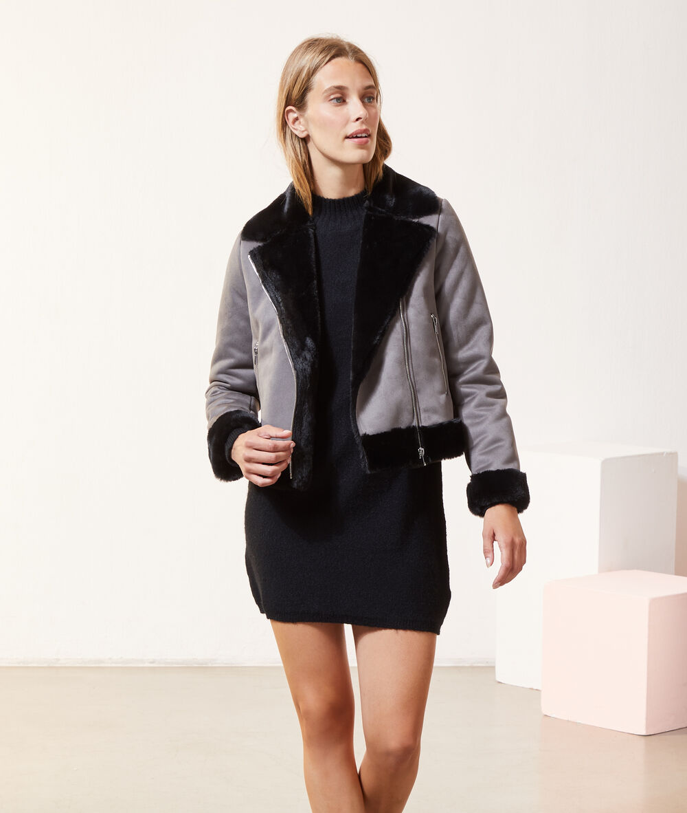 Manteau biker, fausse fourrure gris chine.