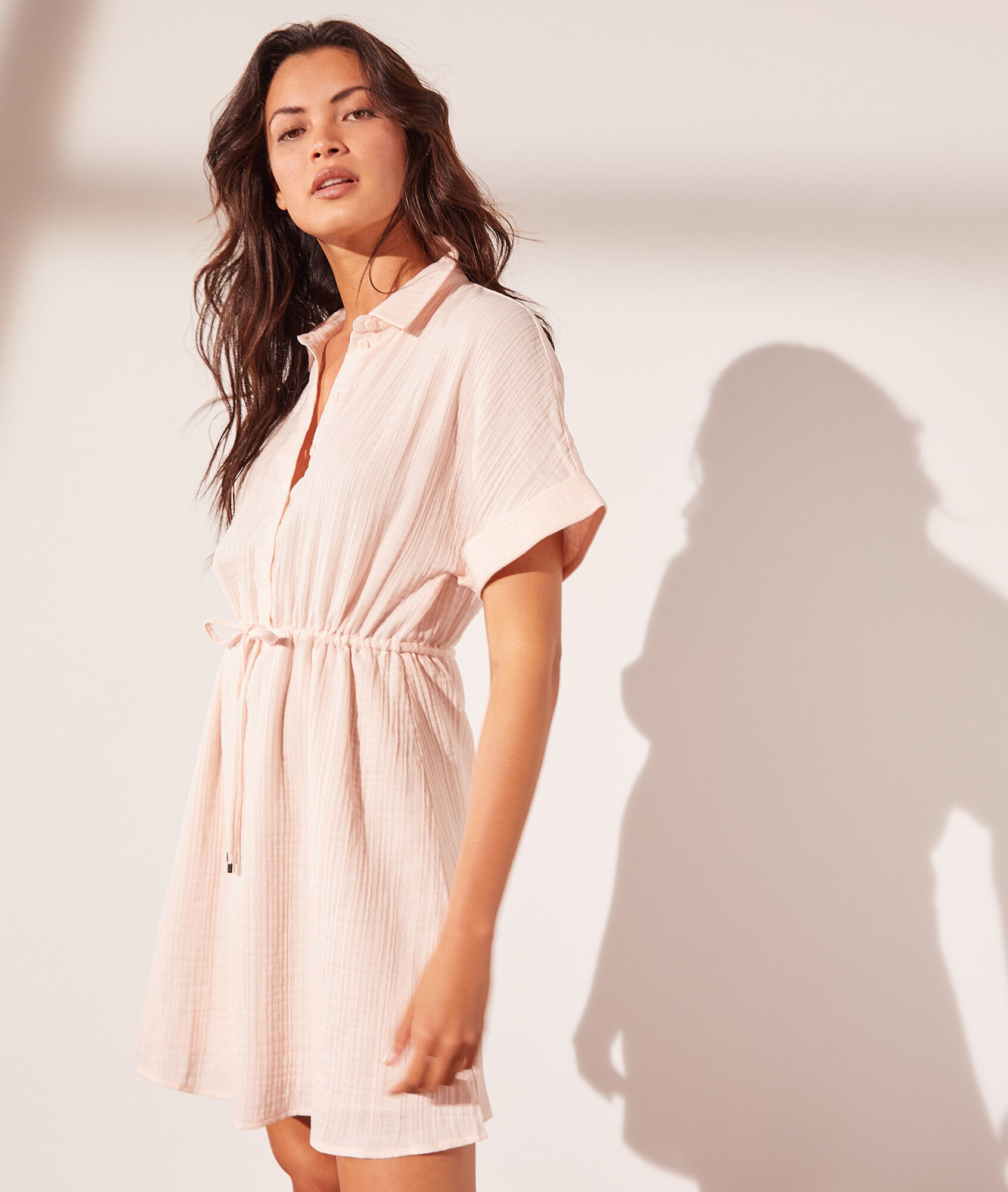 Robe chemise à nouer en gaze de coton - Lily - S - Beige - Femme - Etam