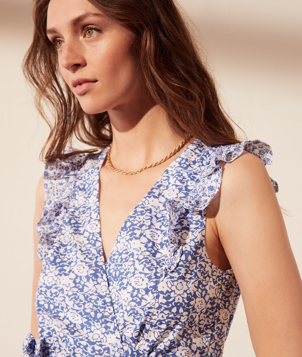 Robe portefeuille imprimé fleuri ciel.