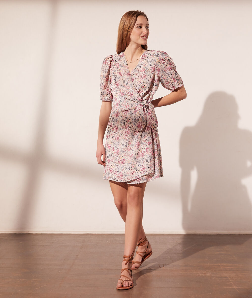 Robe portefeuille texturée imprimé fleuri ecru.