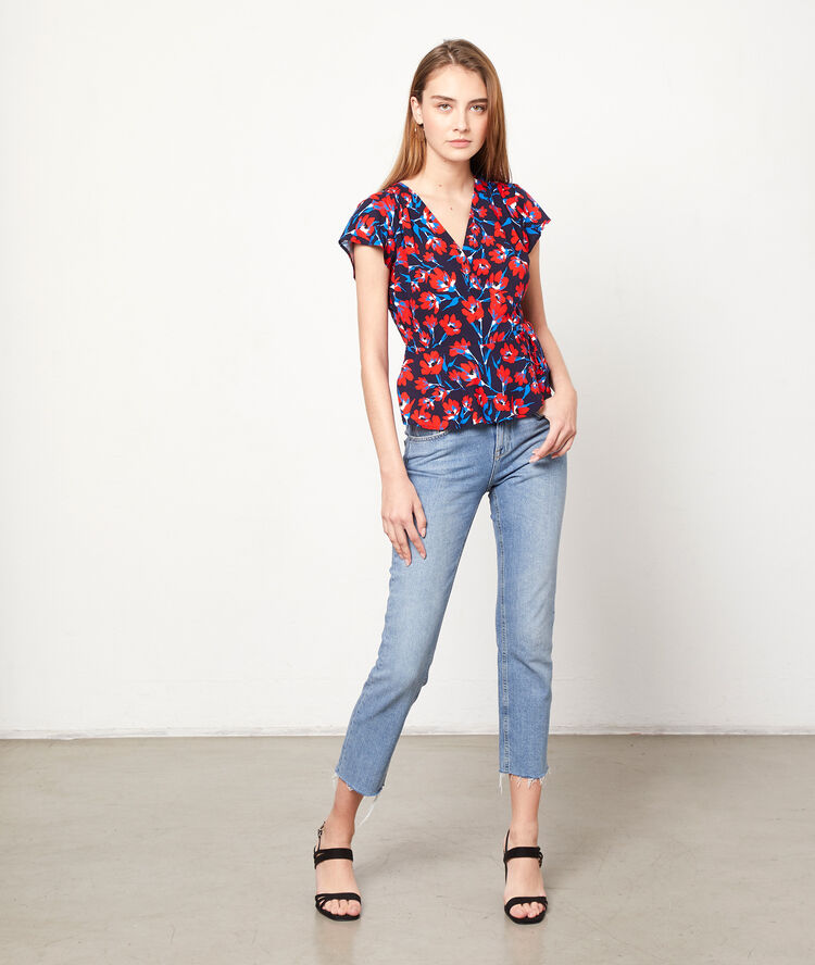 Blouse cache-coeur imprimé fleuri marine.