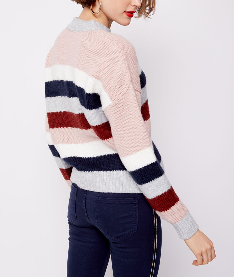 Pull grosse maille rayé gris chiné clair.