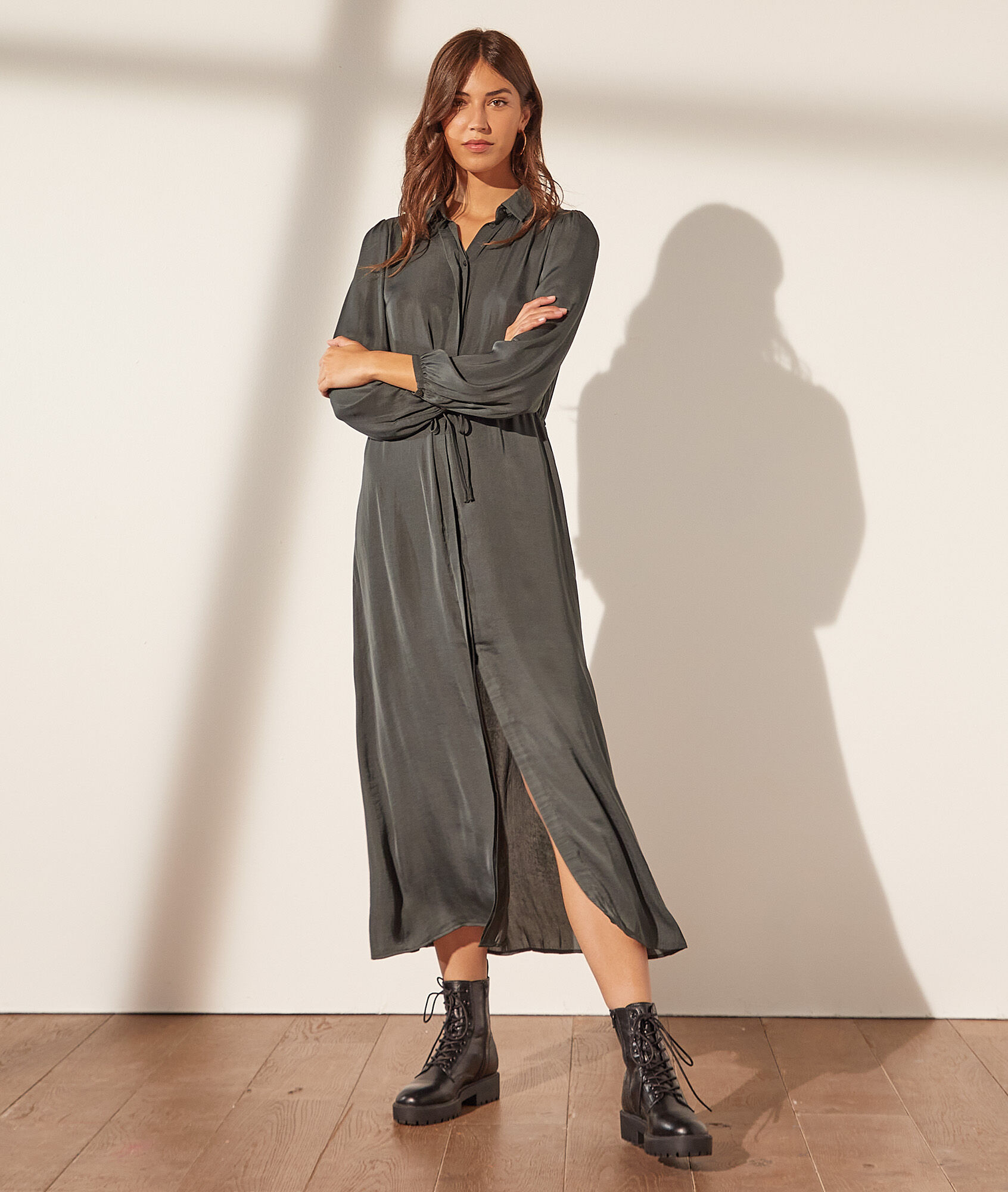 Robe chemise longue satinée - Sofia - 34 - Vert - Femme - Etam