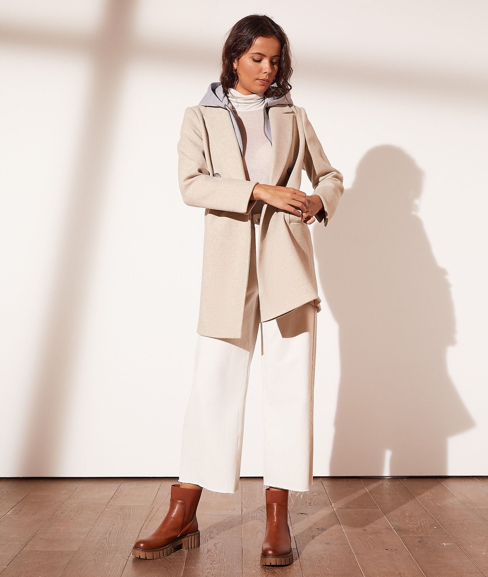 Manteau mi-long à capuche - Twice - XS - Ecru - Femme - Etam