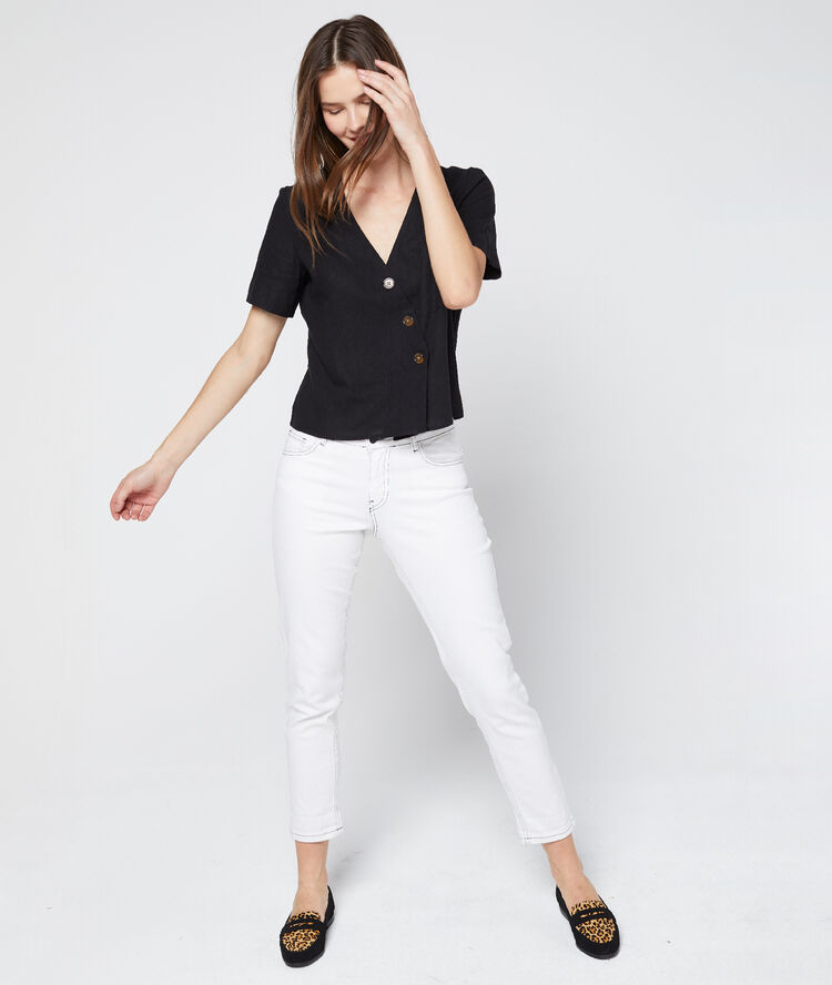 Blouse courte boutonnage asymétrique noir.