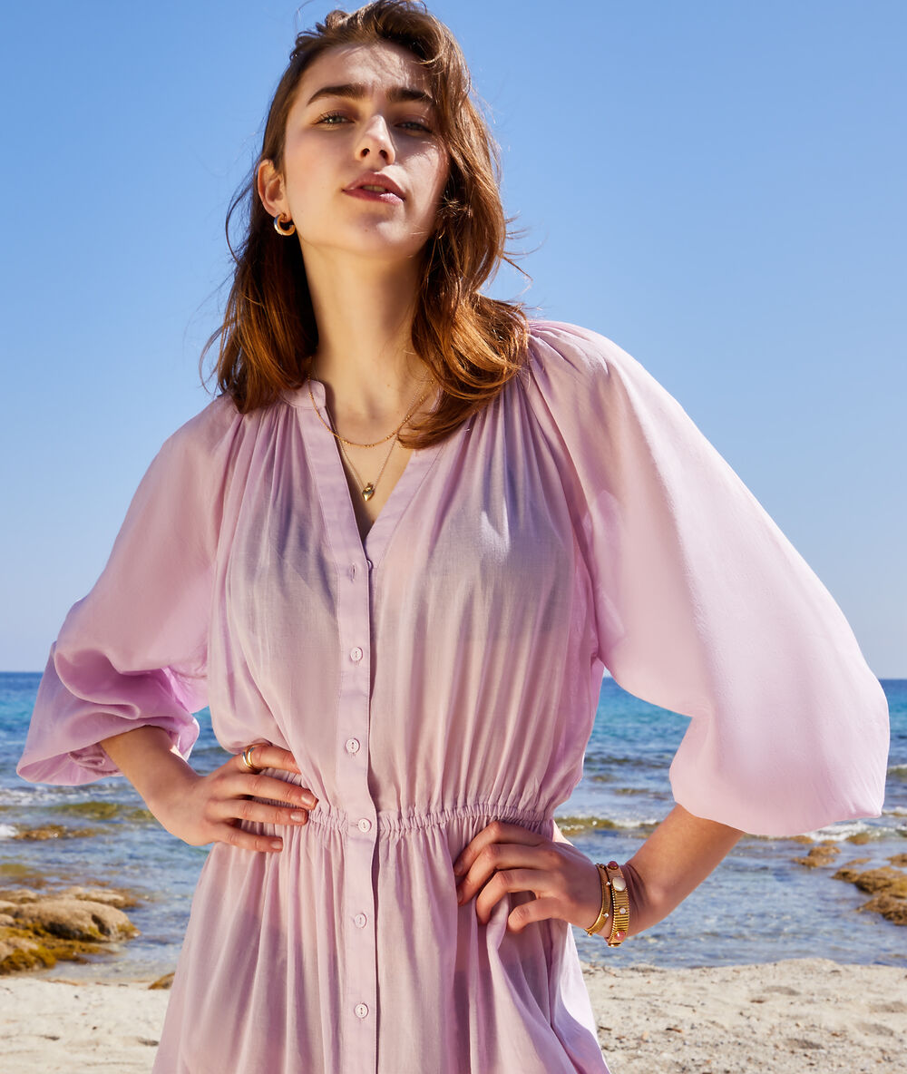 Robe longue de plage taille élastique lilas.