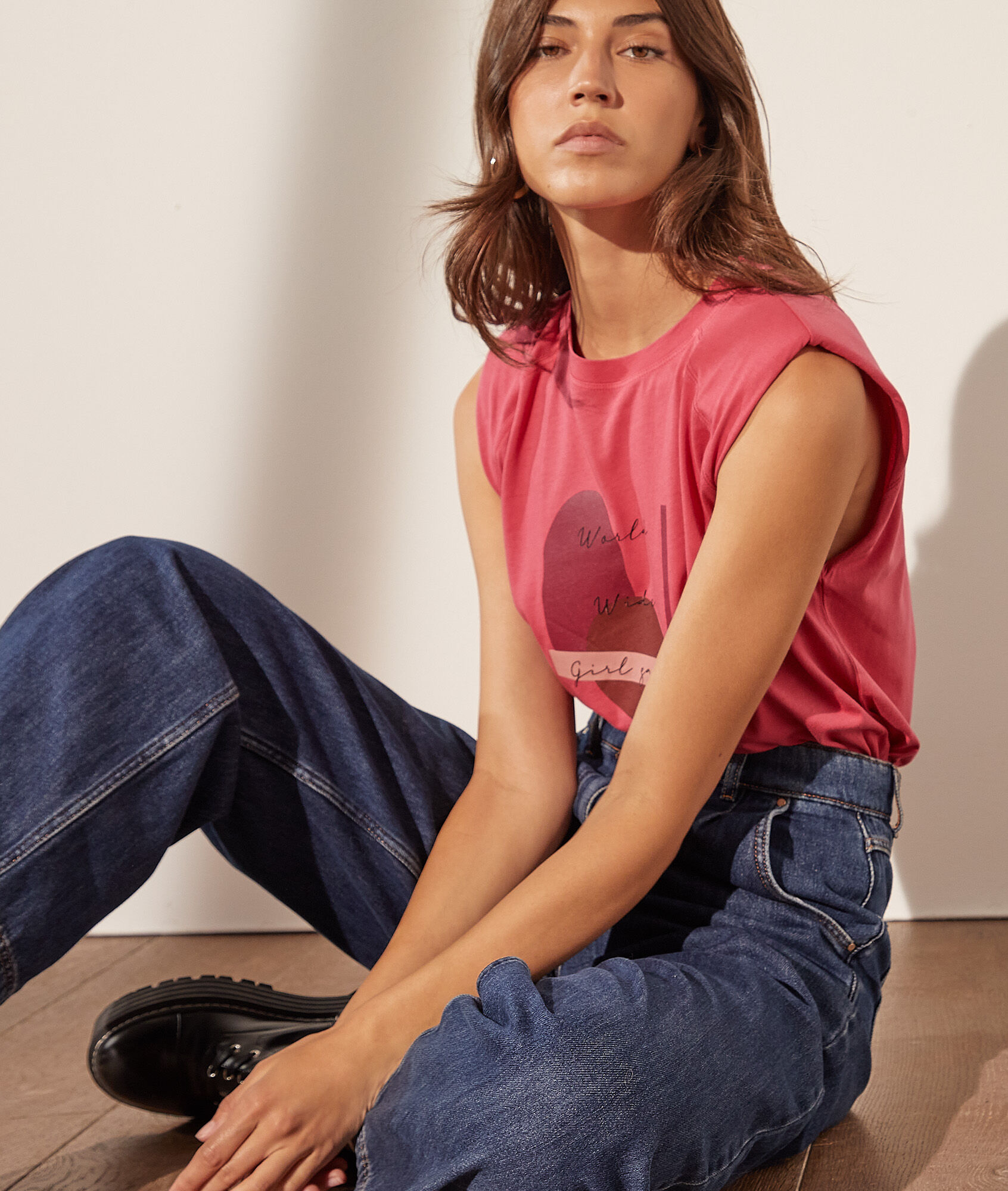 T-shirt épaulettes imprimé en coton - Julia - XS - Rose - Femme - Etam