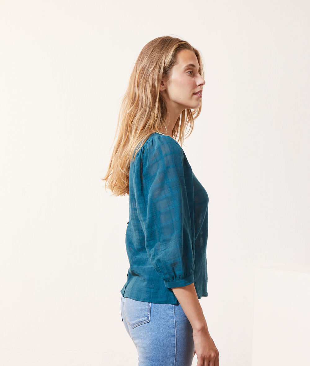 Blouse à carreaux boutonnée dos vert paon.