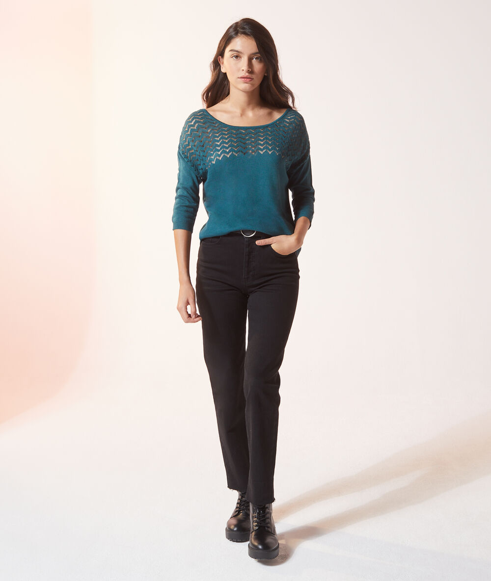 Pull en maille ajourée vert paon.