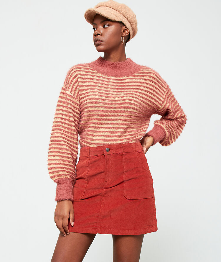 Pull rayé en maille fluffy rouille.