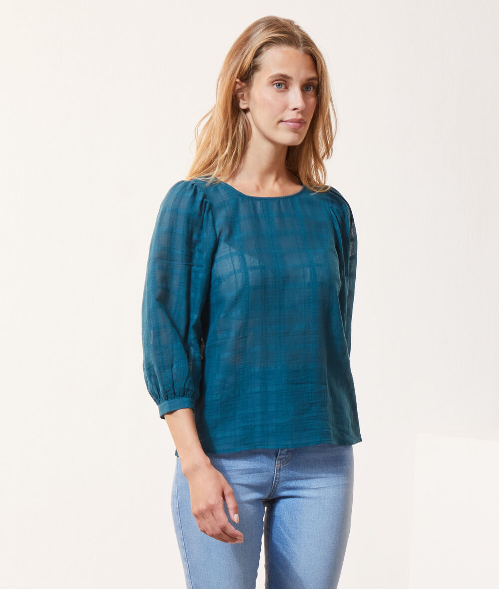 Blouse à carreaux boutonnée dos vert paon.