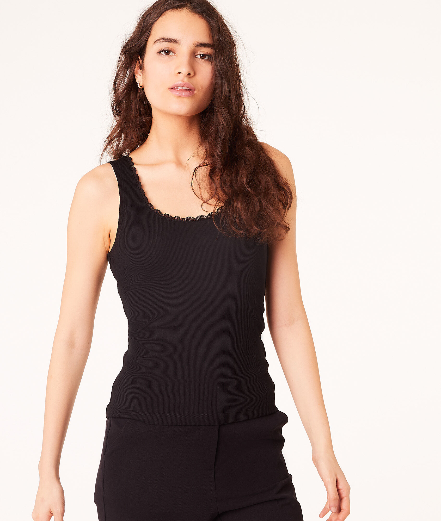 Débardeur en coton bio détails dentelle - Debby - XS - Noir - Femme - Etam