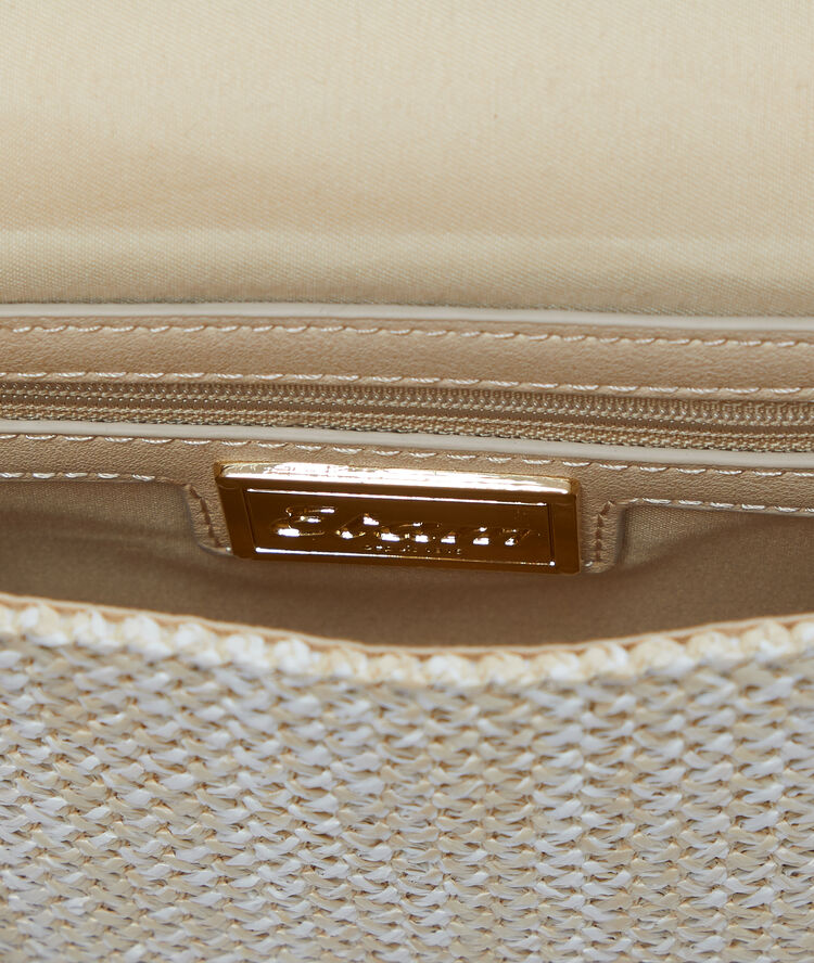 Sac pochette tressé beige rose.