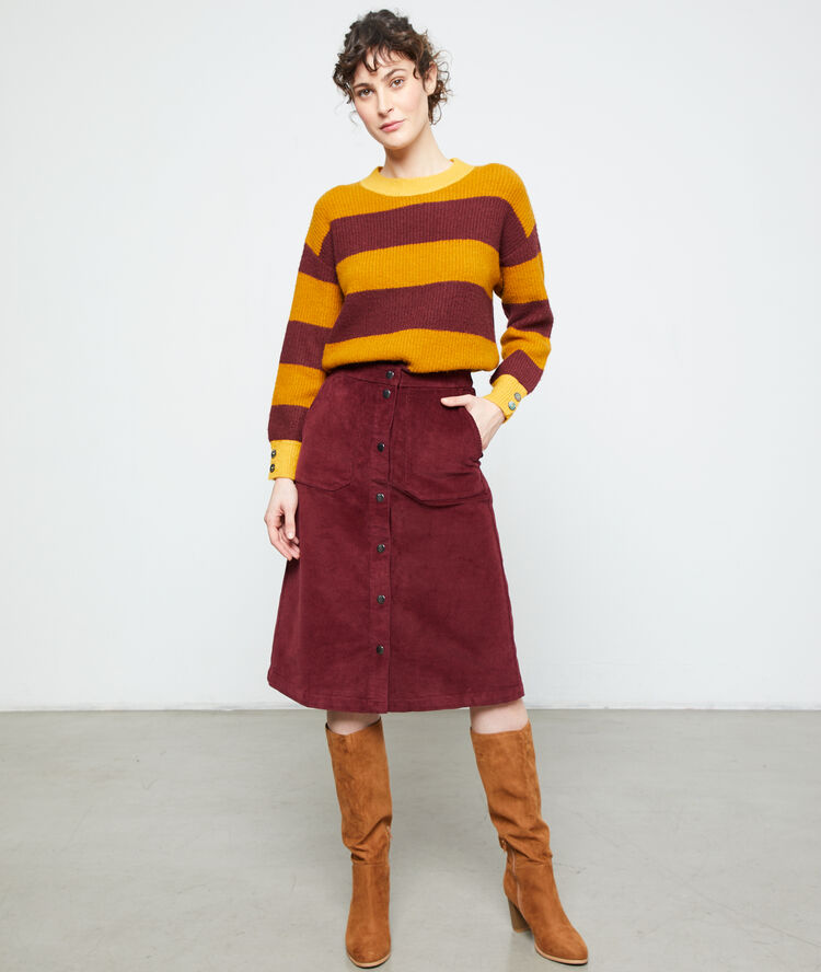 Jupe midi effet velours bordeaux.