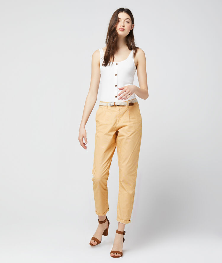 Pantalon chino court à rayures 100% coton bio curry.