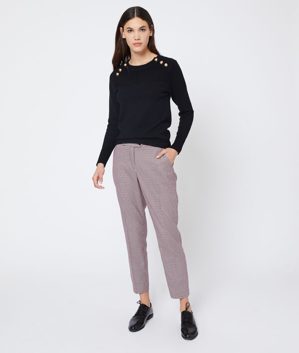 Pantalon droit à motifs pied de poule marine.