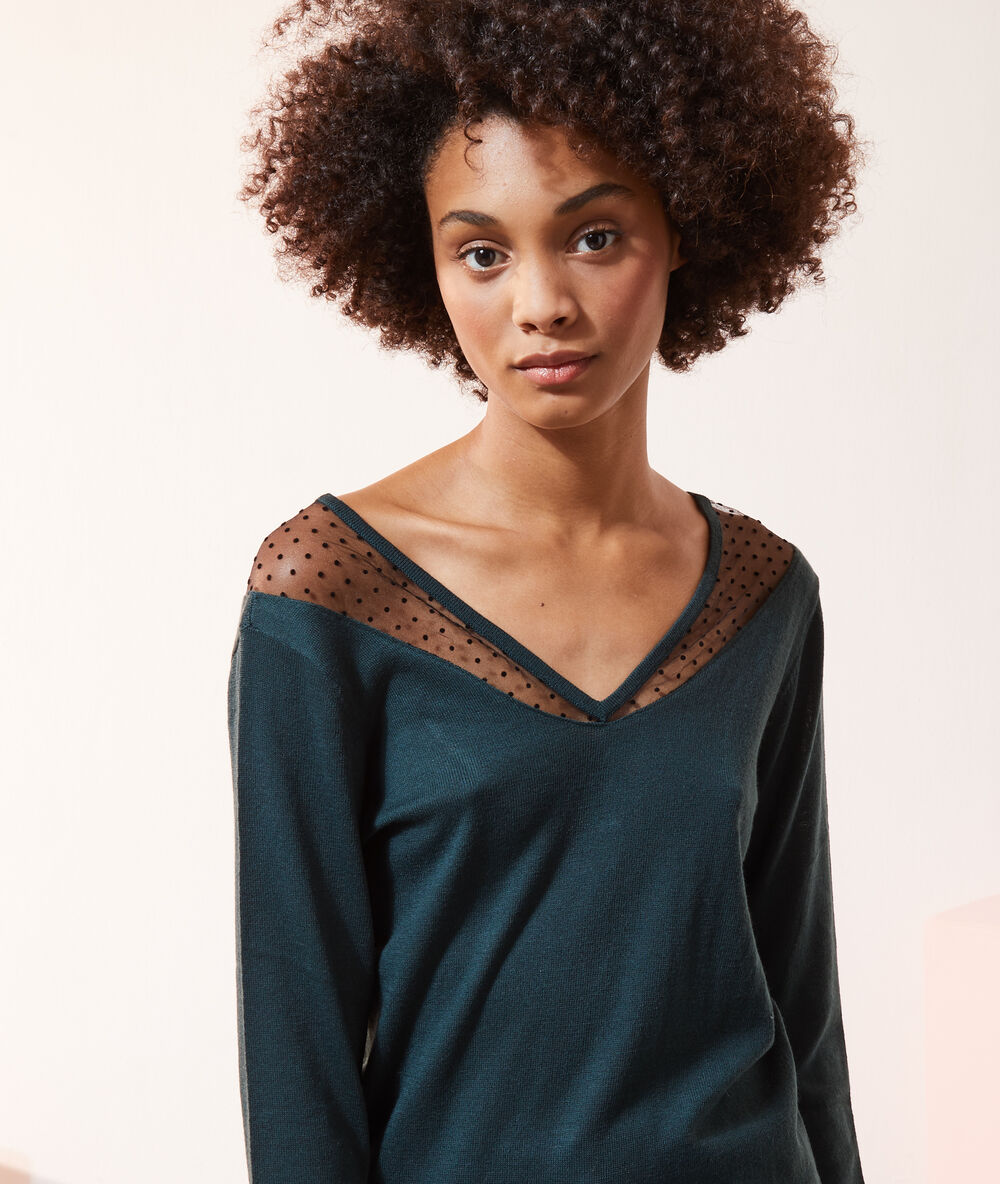 Pull maille fine détails tulle sapin.