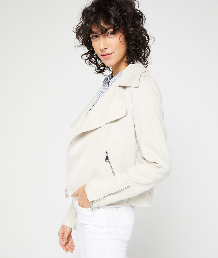 Veste de biker effet daim beige rose.
