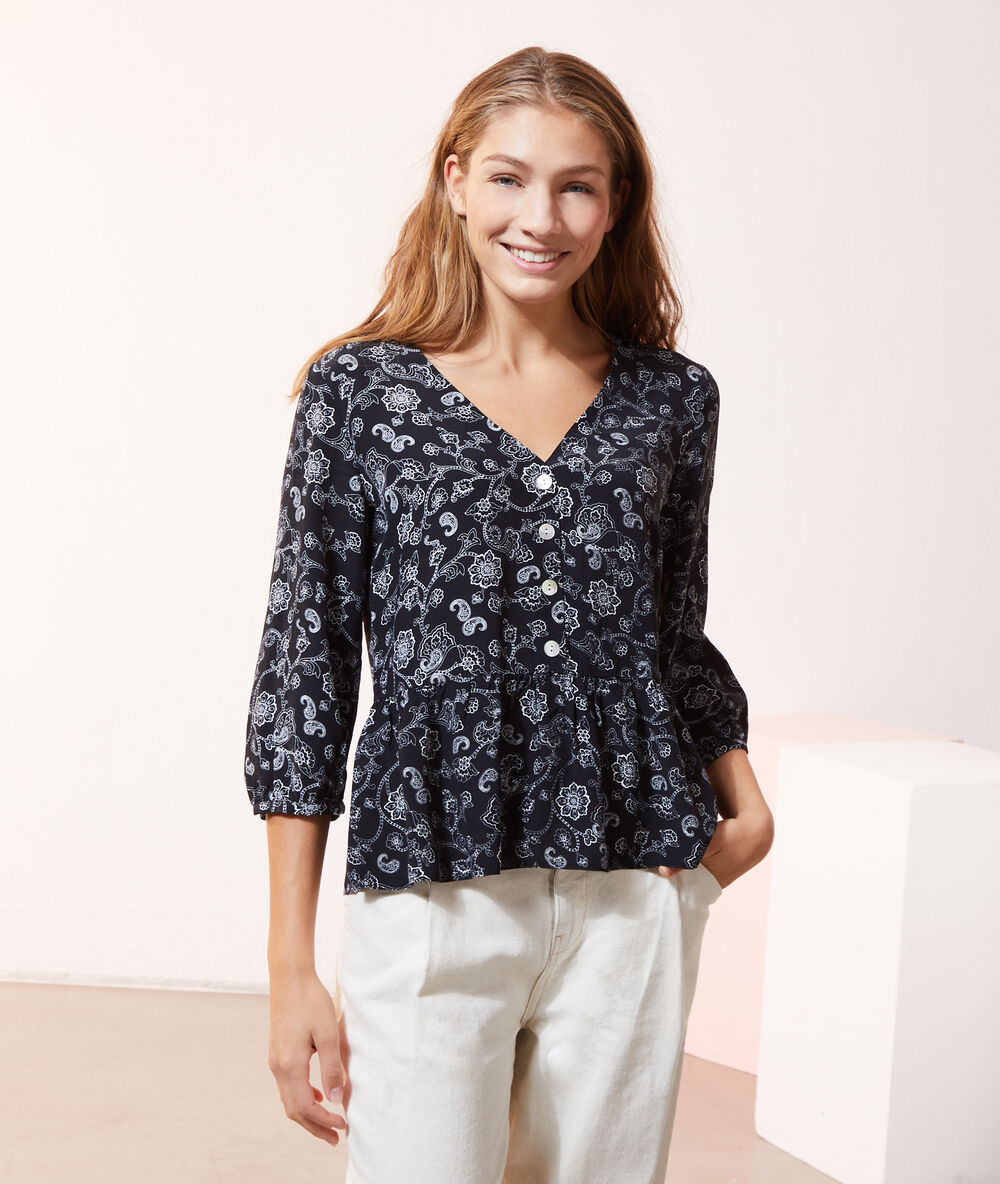 Blouse boutonnée imprimé fleuri noir.