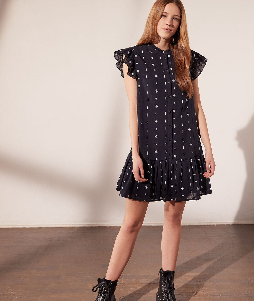 Robe chemise à motifs brodés bleu marine.