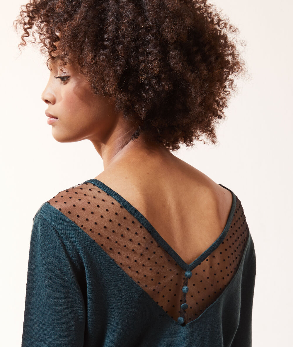 Pull maille fine détails tulle sapin.