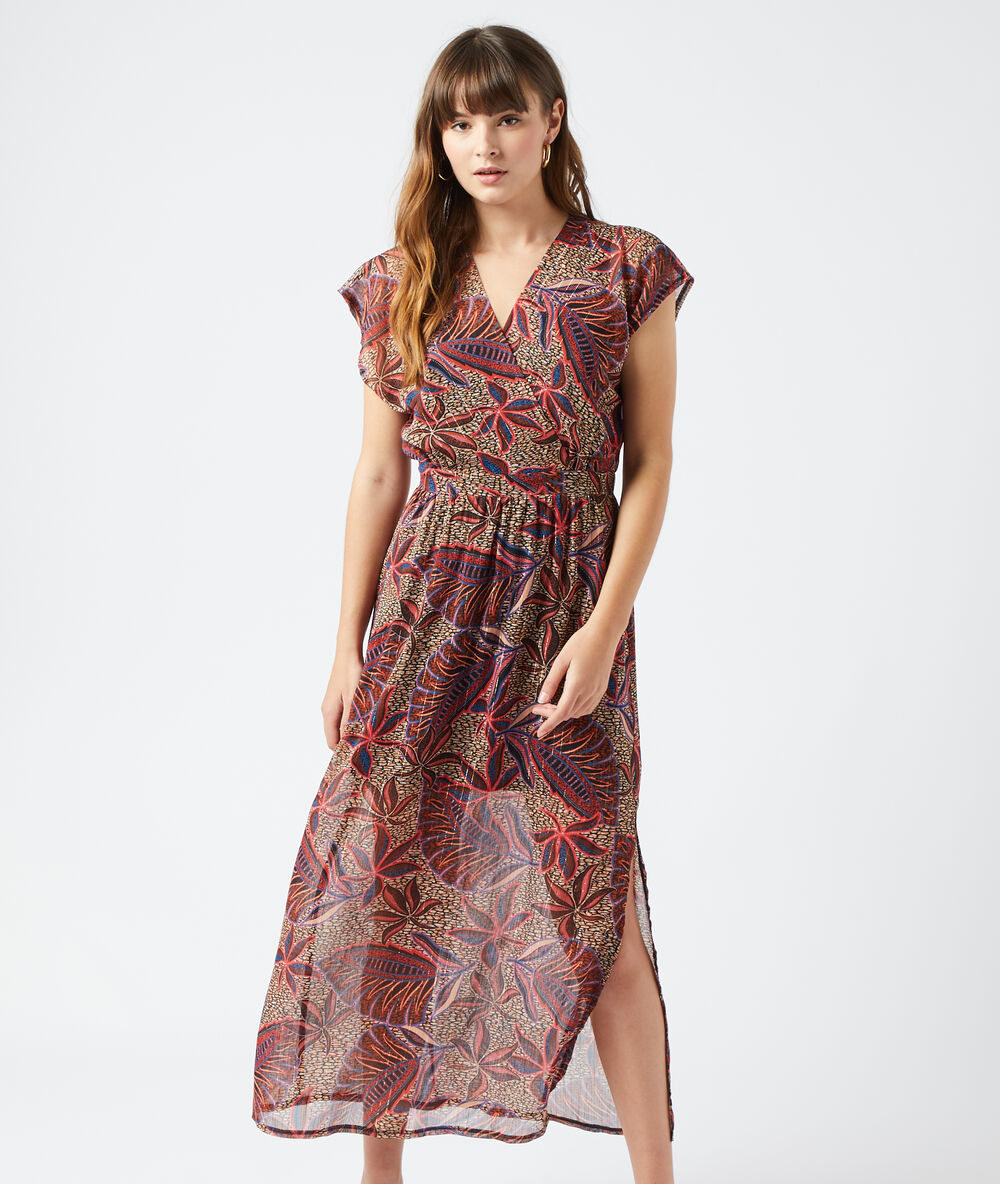 Robe longue imprimé feuillage savane.