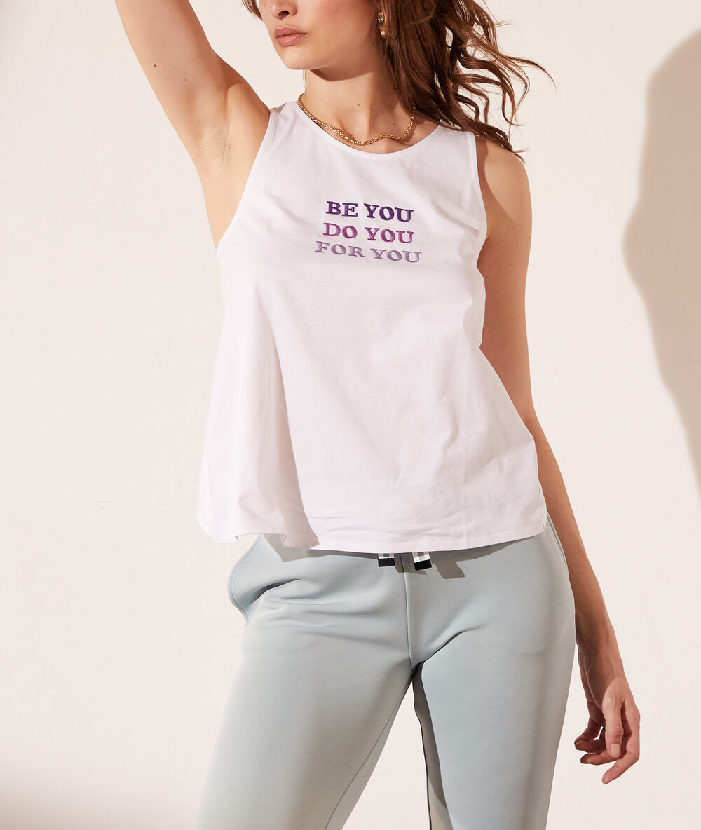 Débardeur brodé "be you" dos croisé blanc.