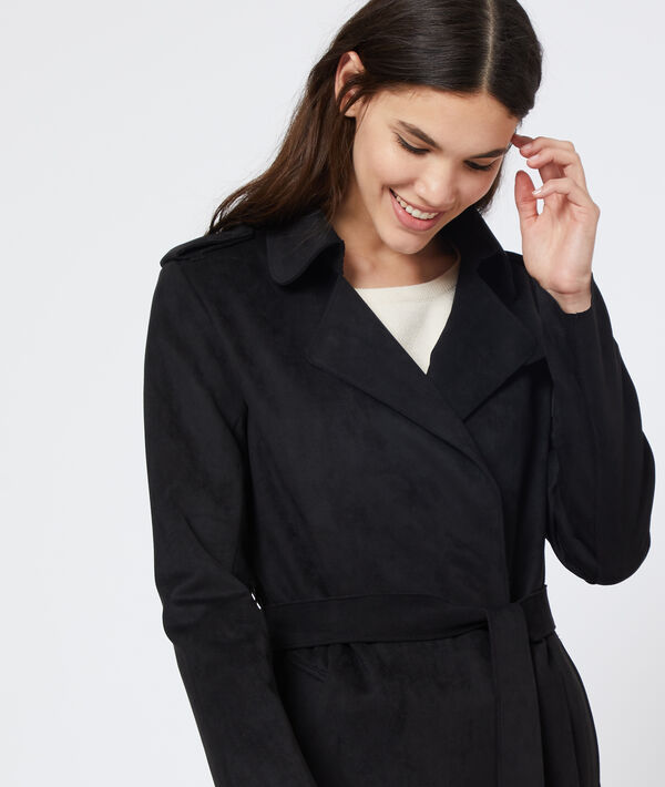 Manteau ceinturé effet daim noir.