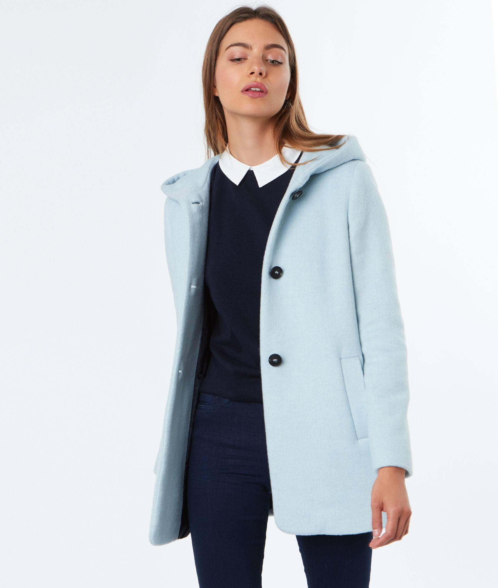 Manteau 3/4 à capuche en laine mélangée