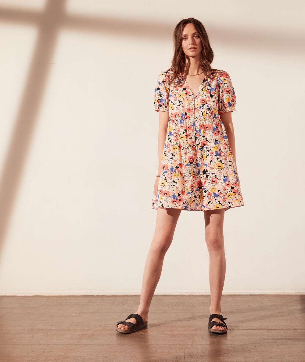 Robe évasée, manches ballon imprimé fleuri ecru.