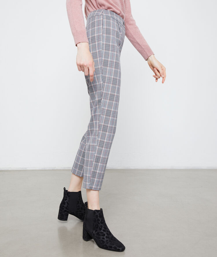 Pantalon carotte à imprimé tartan noir.